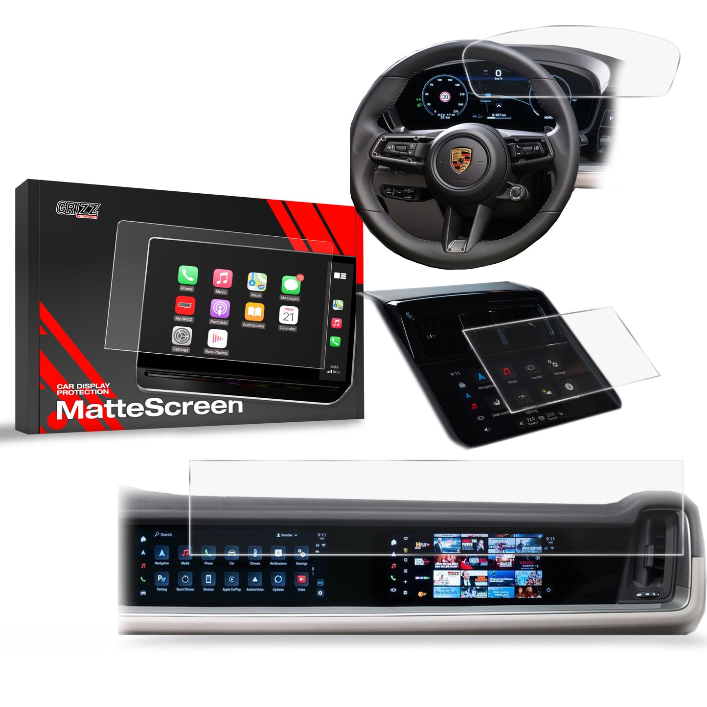 Anti-fingerprint screen film Porsche Panamera 3 12,3" + 10,9‚Äú (2024-2025) Matte Grizz 3in1