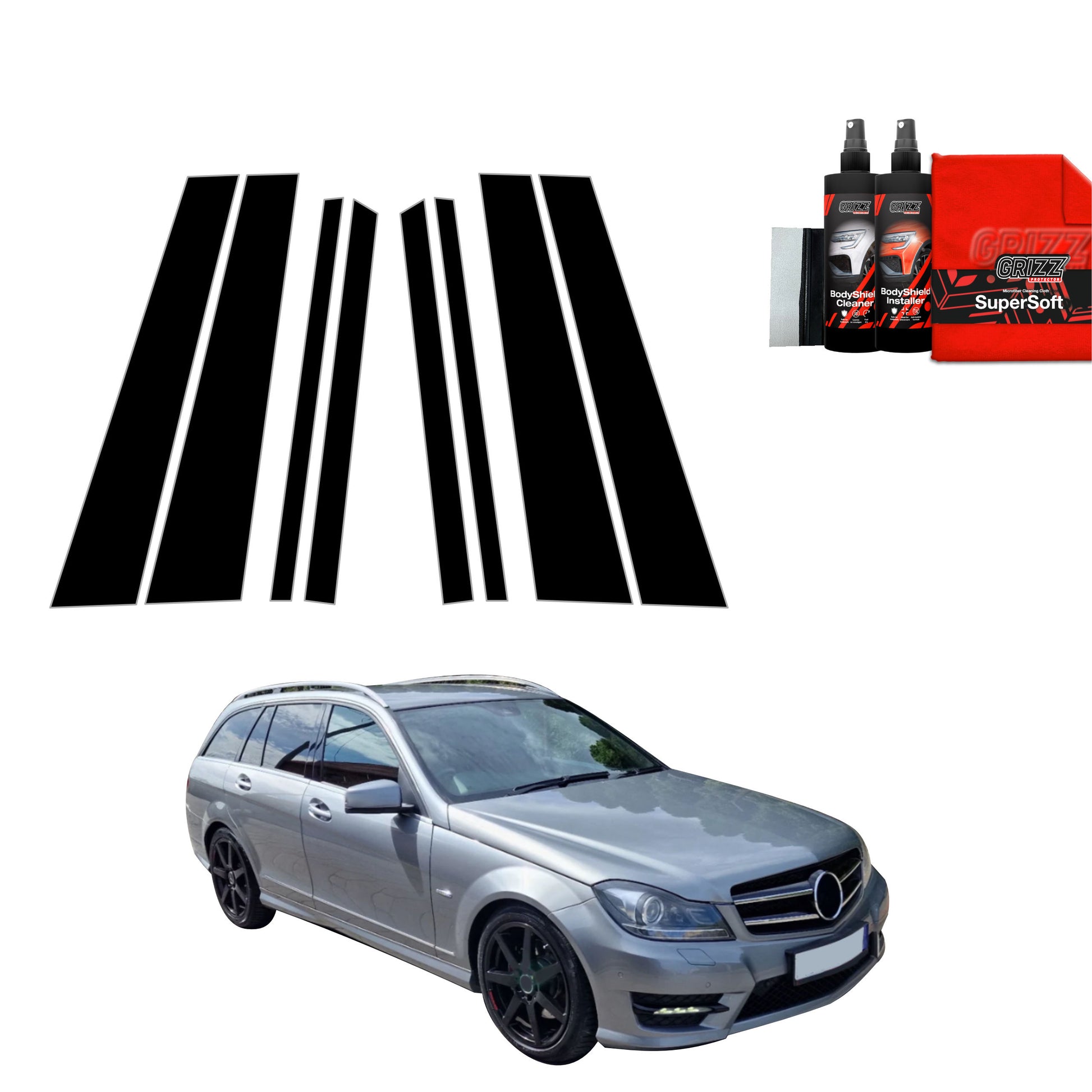 8in1 Juoda plėvelė statramsčiams Mercedes Benz C Klasa S204 Kombi Facelifting (2011-2014)