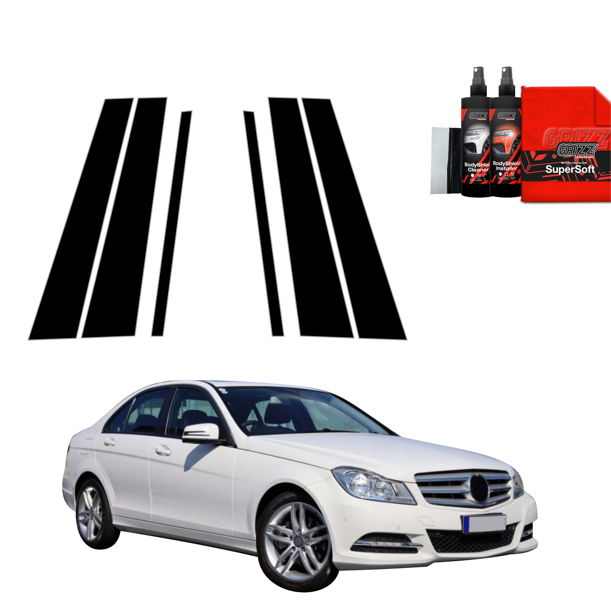 6in1 Juoda plėvelė statramsčiams Mercedes Benz C Klasa W204 Sedan Facelifting (2011-2014)