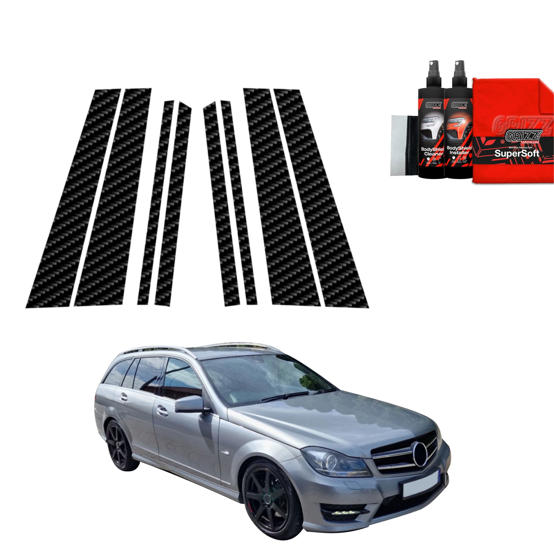 8in1 Carbon Fiber Film for Pillars Mercedes Benz C Class S204 Estate Facelifting (2011-2014)